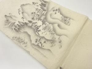 作家物　ひげ紬手描き山並に寺院・木々模様名古屋帯